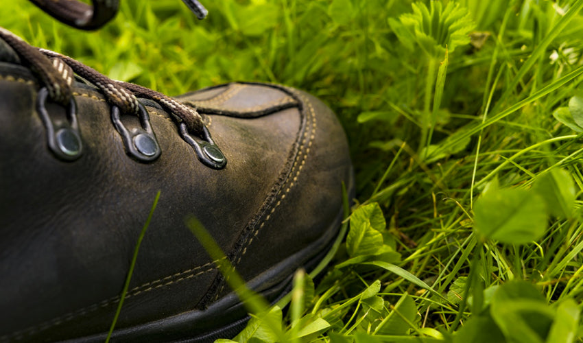 Close-up view of a pair of heavy and clunky conventional hiking boots