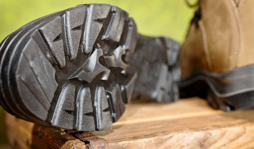 The underside of a conventional hiking boot showing a thick, lugged sole