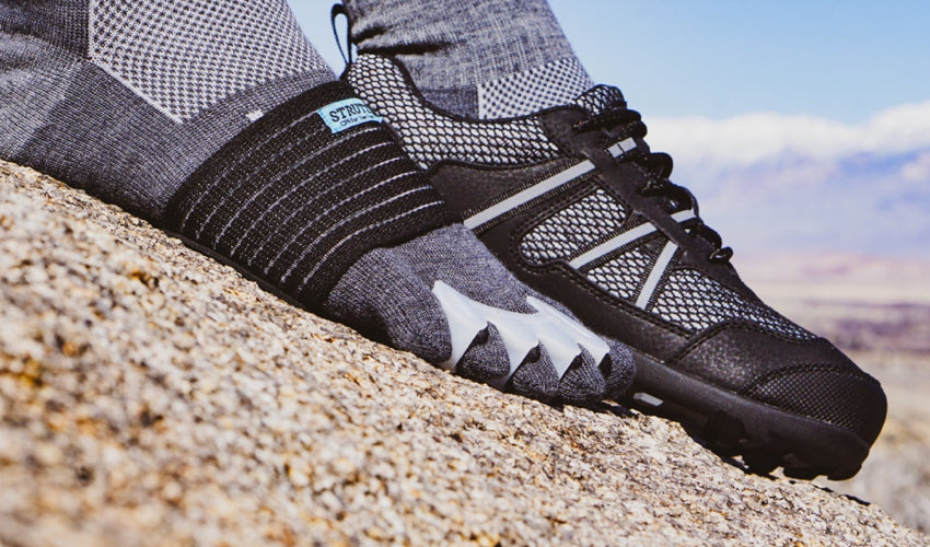 A helpful footgear combo: Correct Toes, Strutz foot pads, Injinji toe socks, and Xero TerraFlex trail shoes