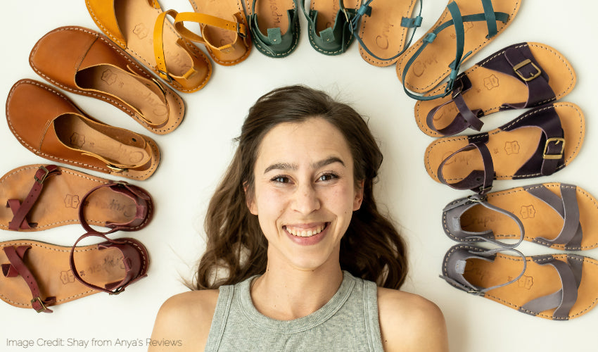 Bird's-eye view image of Anya Jensen with an array of foot-healthy footwear around her head