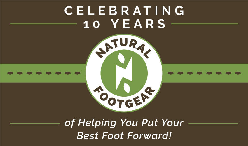 Graphic depicting Natural Footgear's 10th anniversary as a company