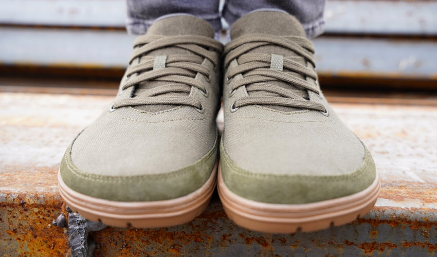 Head-on view of the toe boxes of a pair Lems Chillum Spruce shoes