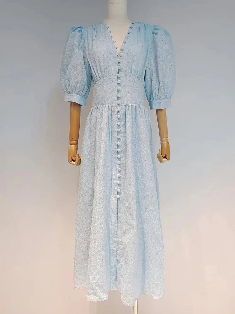 Vintage V-Neck Puff Sleeve A-Line Dress for Women