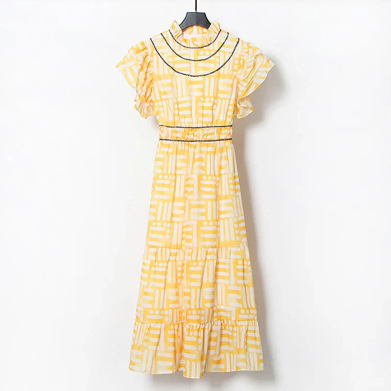 Casual Green Print Ruffle Maxi Dress for Women