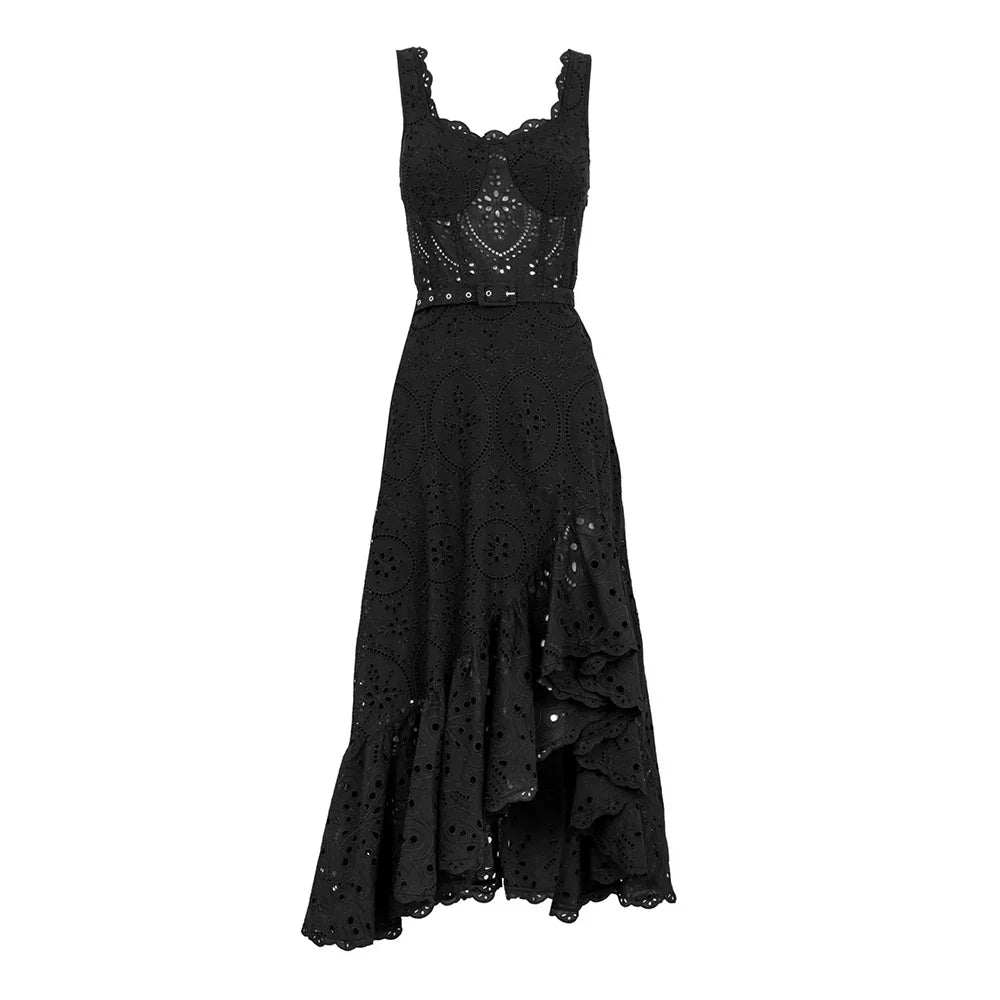 Elegant Hollow Out Midi Dress with Irregular Hem for Women
