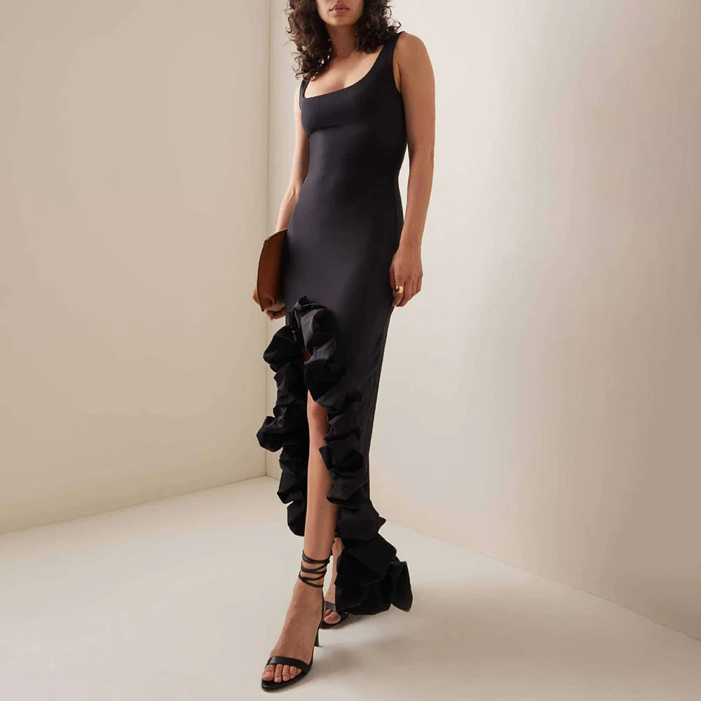 Irregular Spliced Ruffles Backless Slimming Dress for Women
