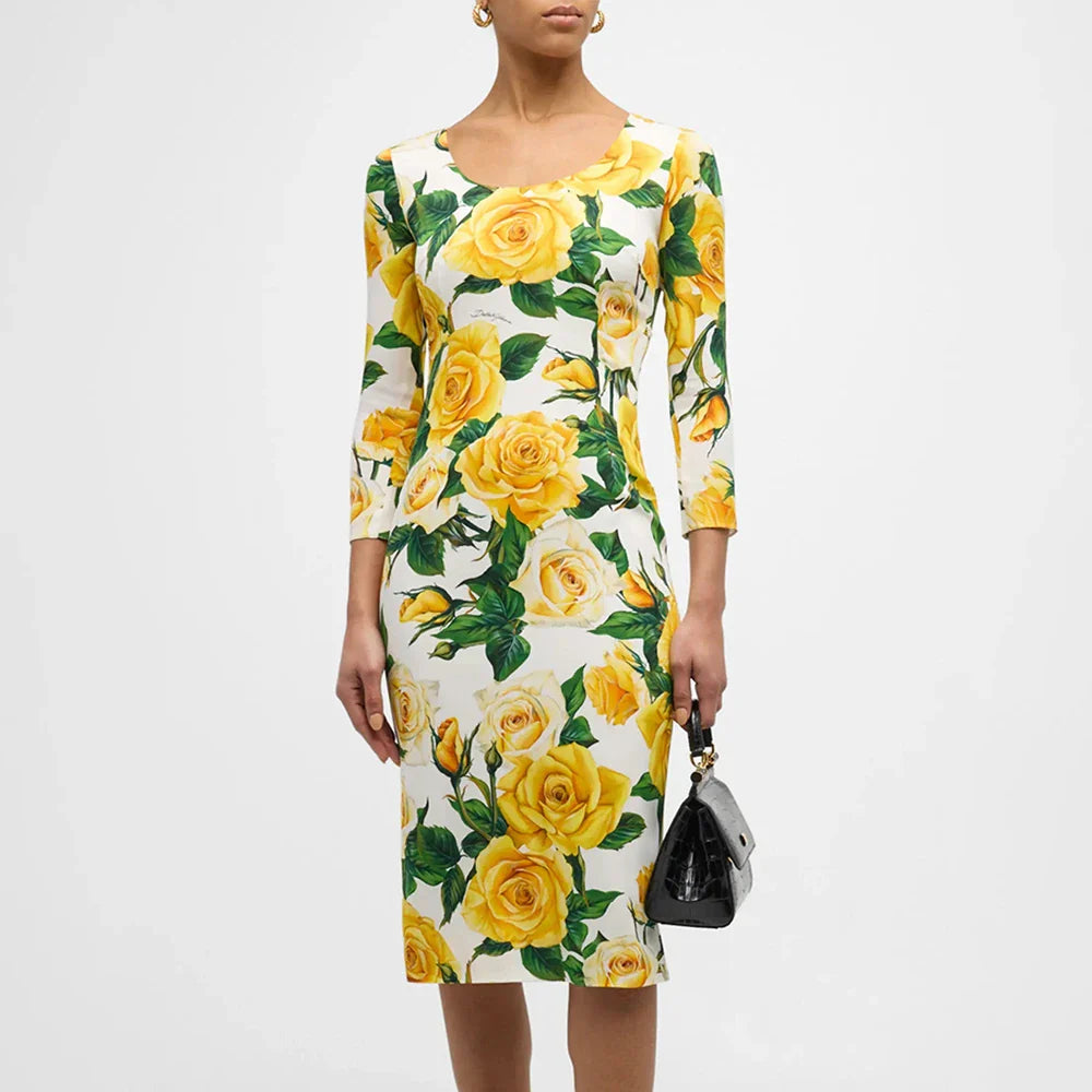 Elegant Floral Print Long Sleeve High Waist Dress