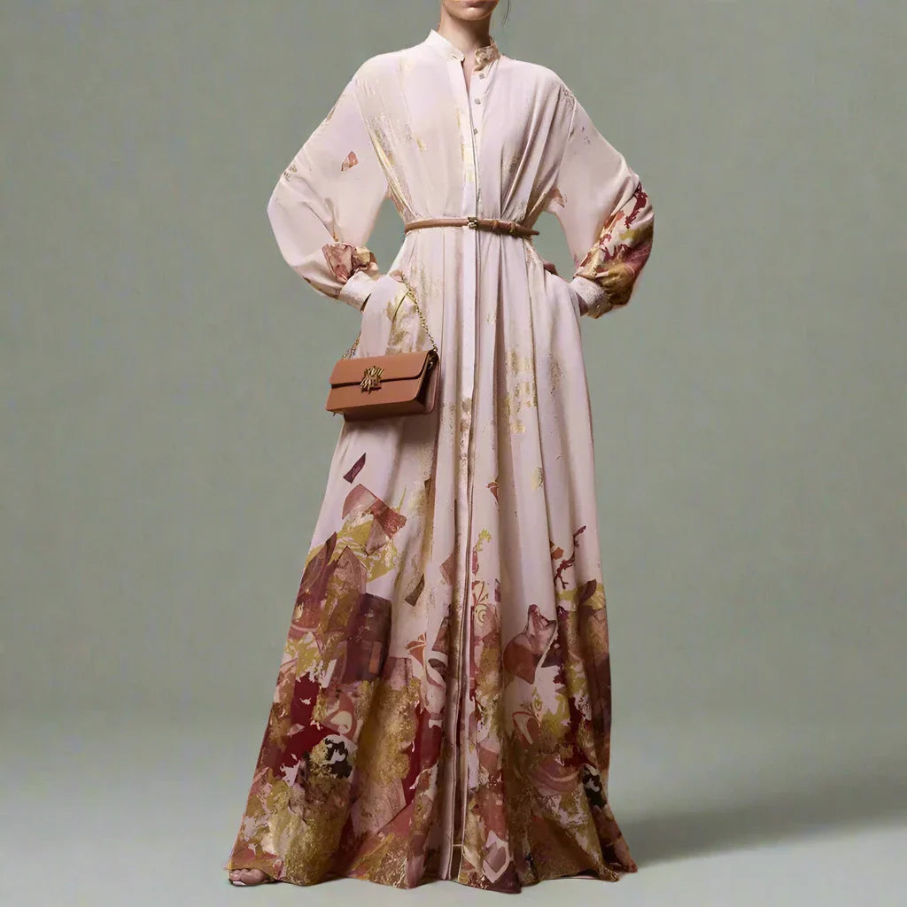 Vintage Patchwork Belt Dress for Women - High Waist, Long Sleeve