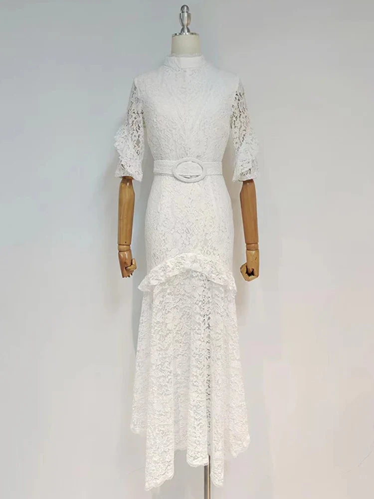 Elegant Black Lace Maxi Dress with Turtleneck and Half Sleeves