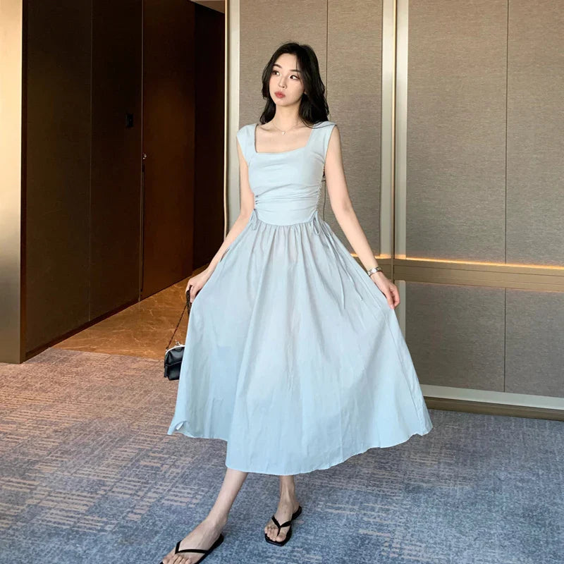 Chic Square Neck Sleeveless Solid Color Women's Dress