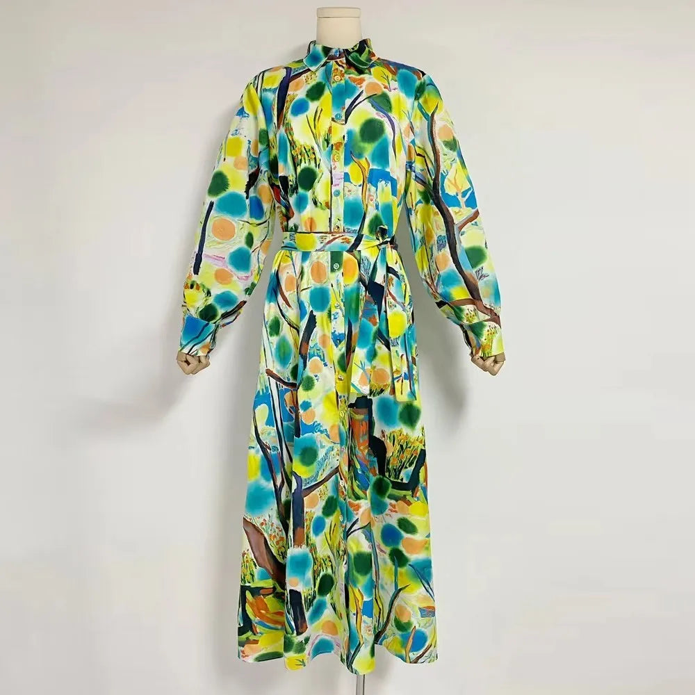 Colorblock Vintage Lace-Up Dress with Long Sleeves