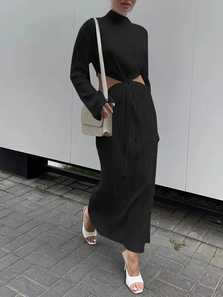 Chic Knitted Lace-Up Dress with Stand Collar for Women