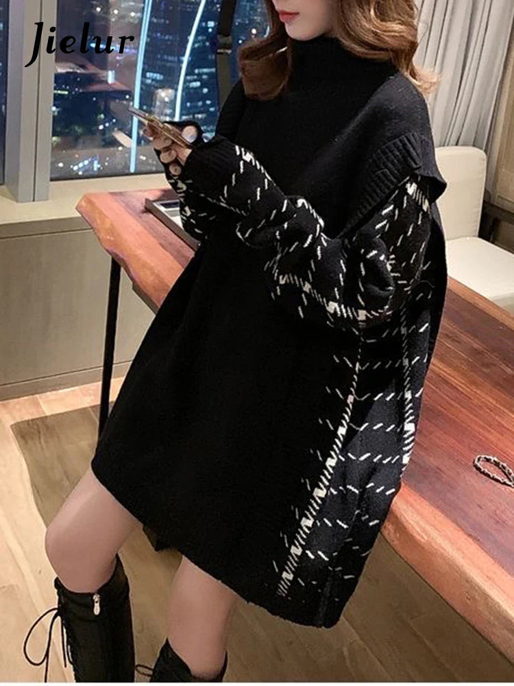 Chic Black Gray Turtleneck Knit Sweater Dress for Women