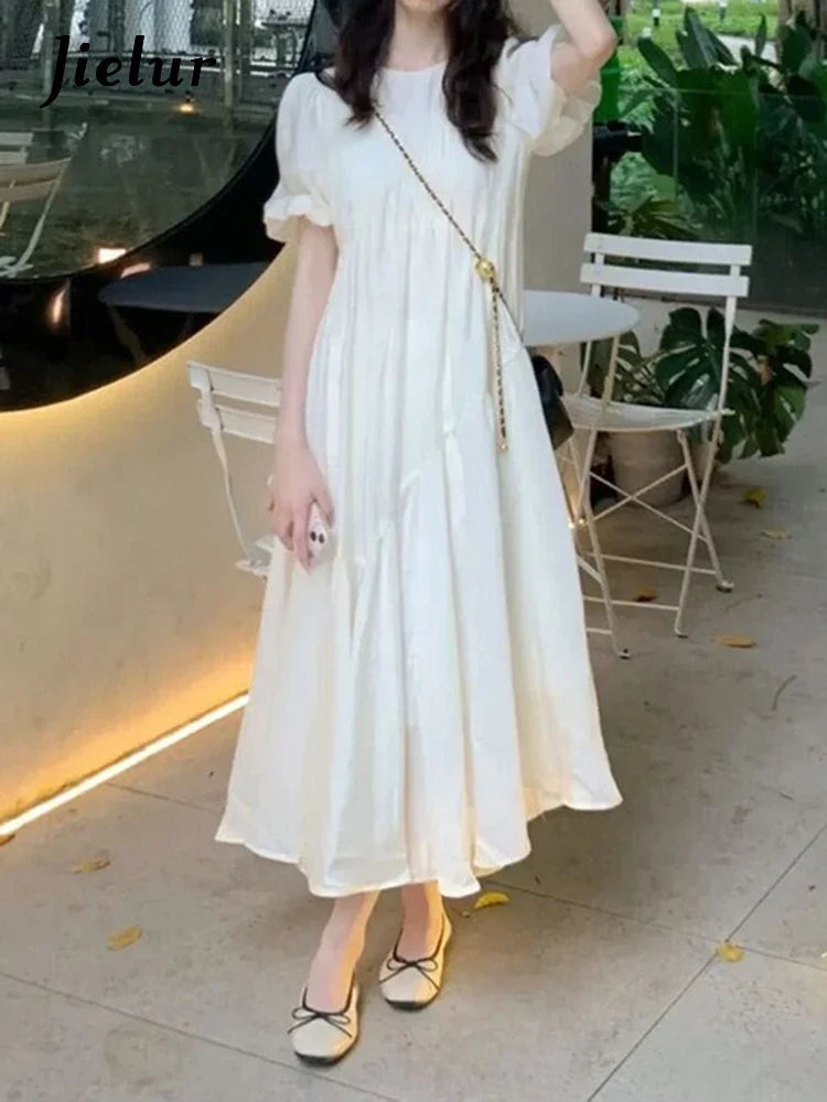 Elegant Midi Dress for Women - Summer O-neck Short Sleeve