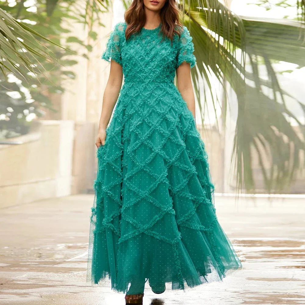 Patchwork Ruffle High Waist Sheer Mesh Casual Dress