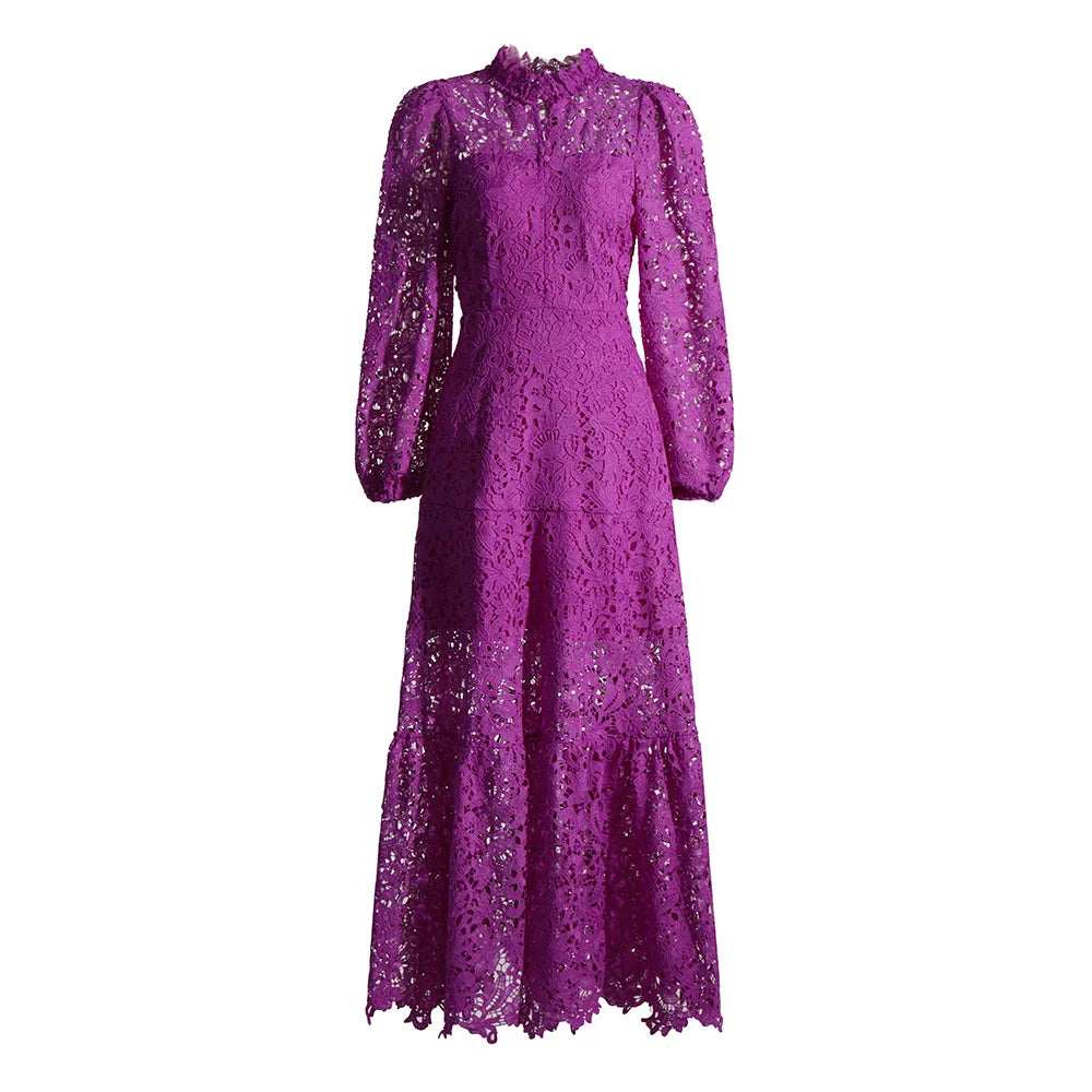 Elegant Hollow Out Summer Dress with Stand Collar