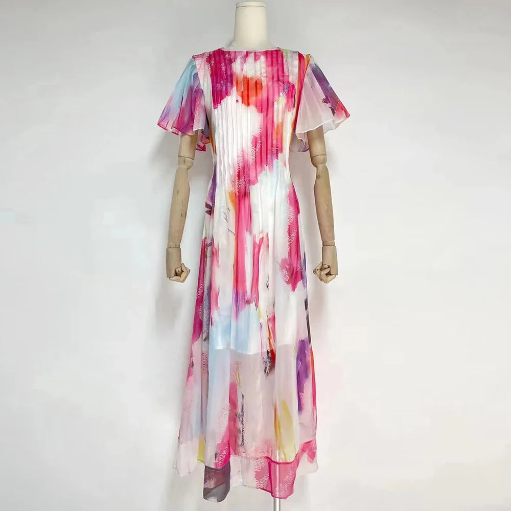 Colorblock Puff Sleeve Midi Dress for Women