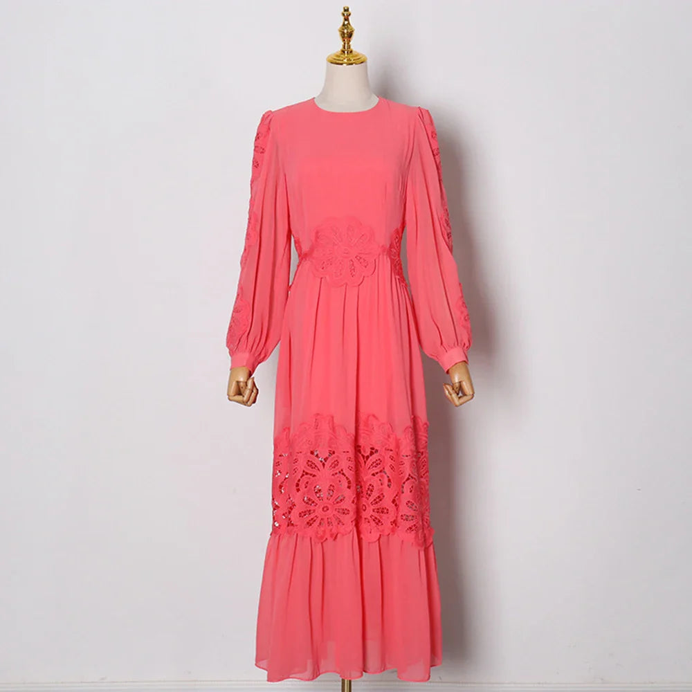 Elegant Minimalist Women’s Patchwork Lace Long Dress