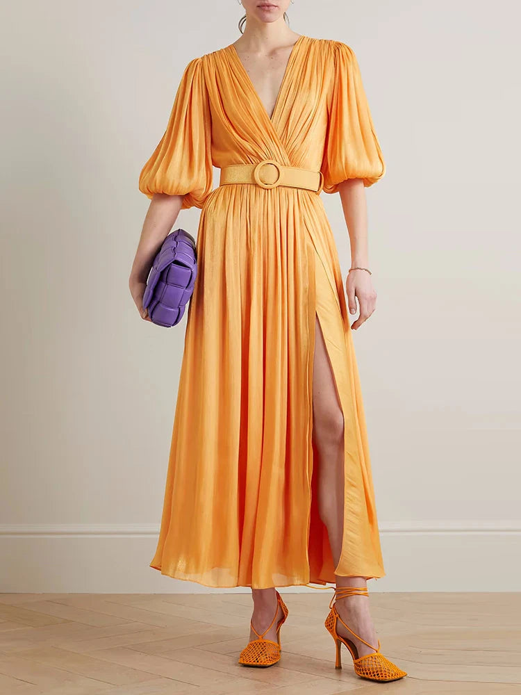 Elegant V Neck Lantern Sleeve High Waist Slim Dress
