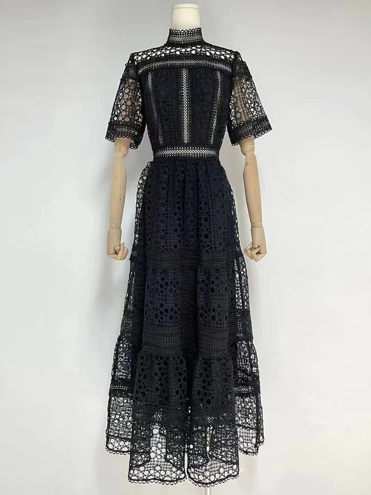 Hollow Out Stand Collar A-Line Summer Dress for Women