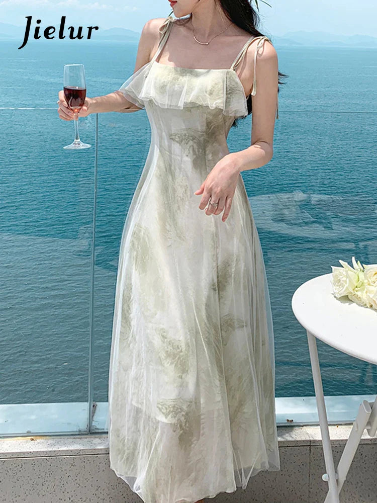Elegant Floral Strapless Green Chiffon Summer Dress