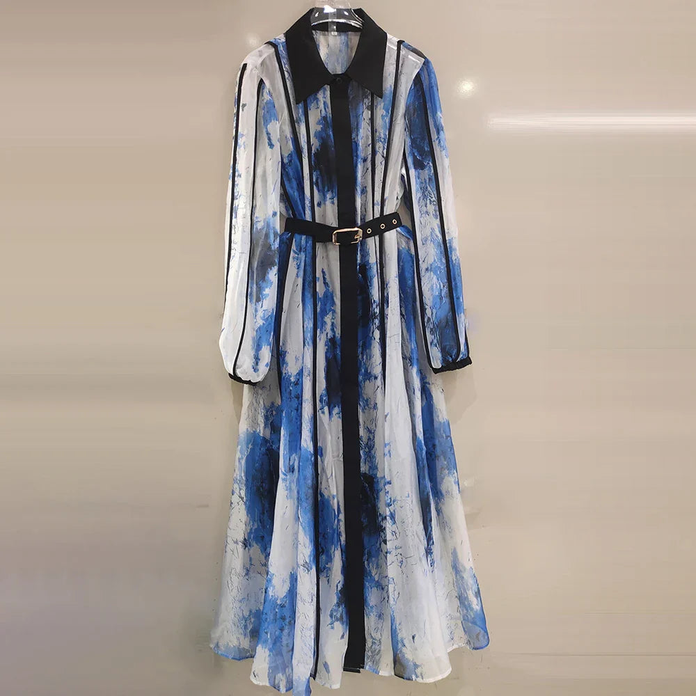 Chic High Waist Spliced Belt Lantern Sleeve Dress