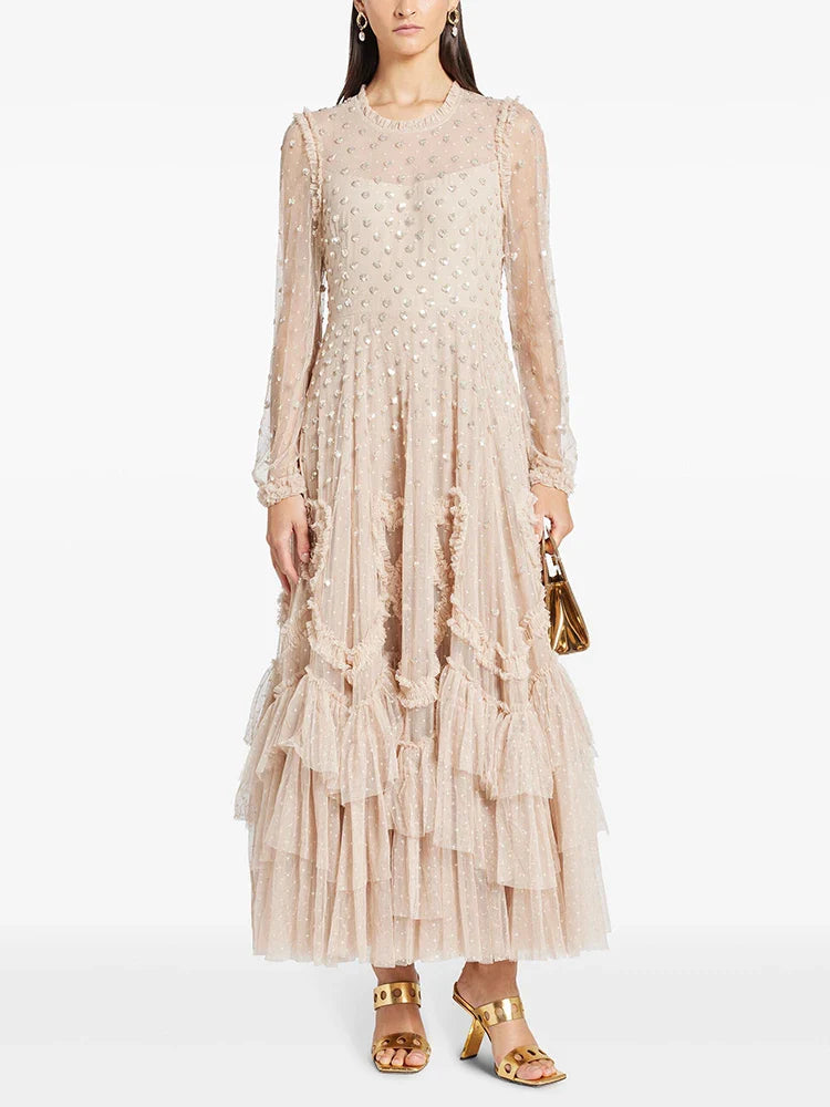 Elegant Spliced Dot Sequins Lace Dress with Ruffles