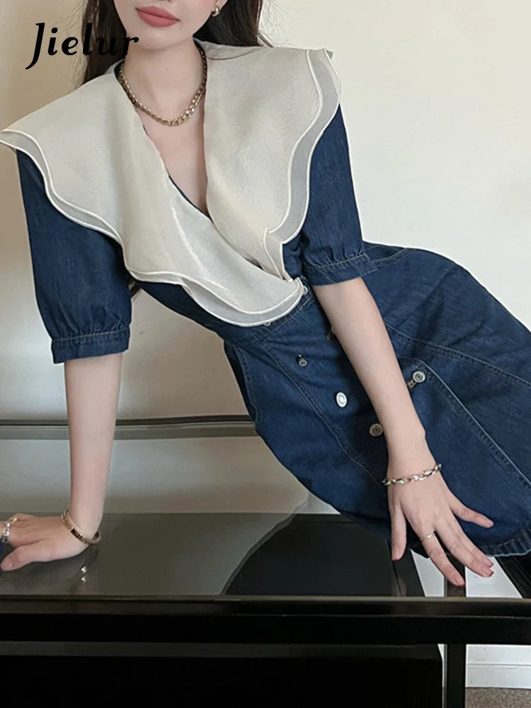 Elegant Summer Denim Ruffles Dress with V-neck Style