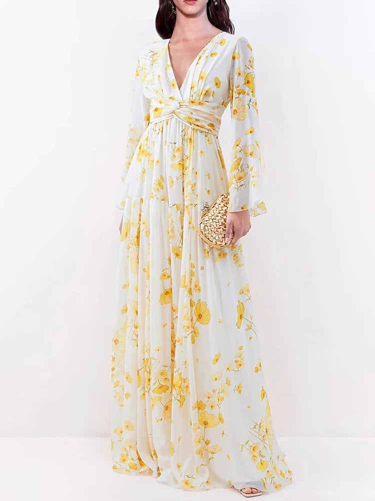 Elegant Floral V-Neck Dress with High Waist Design
