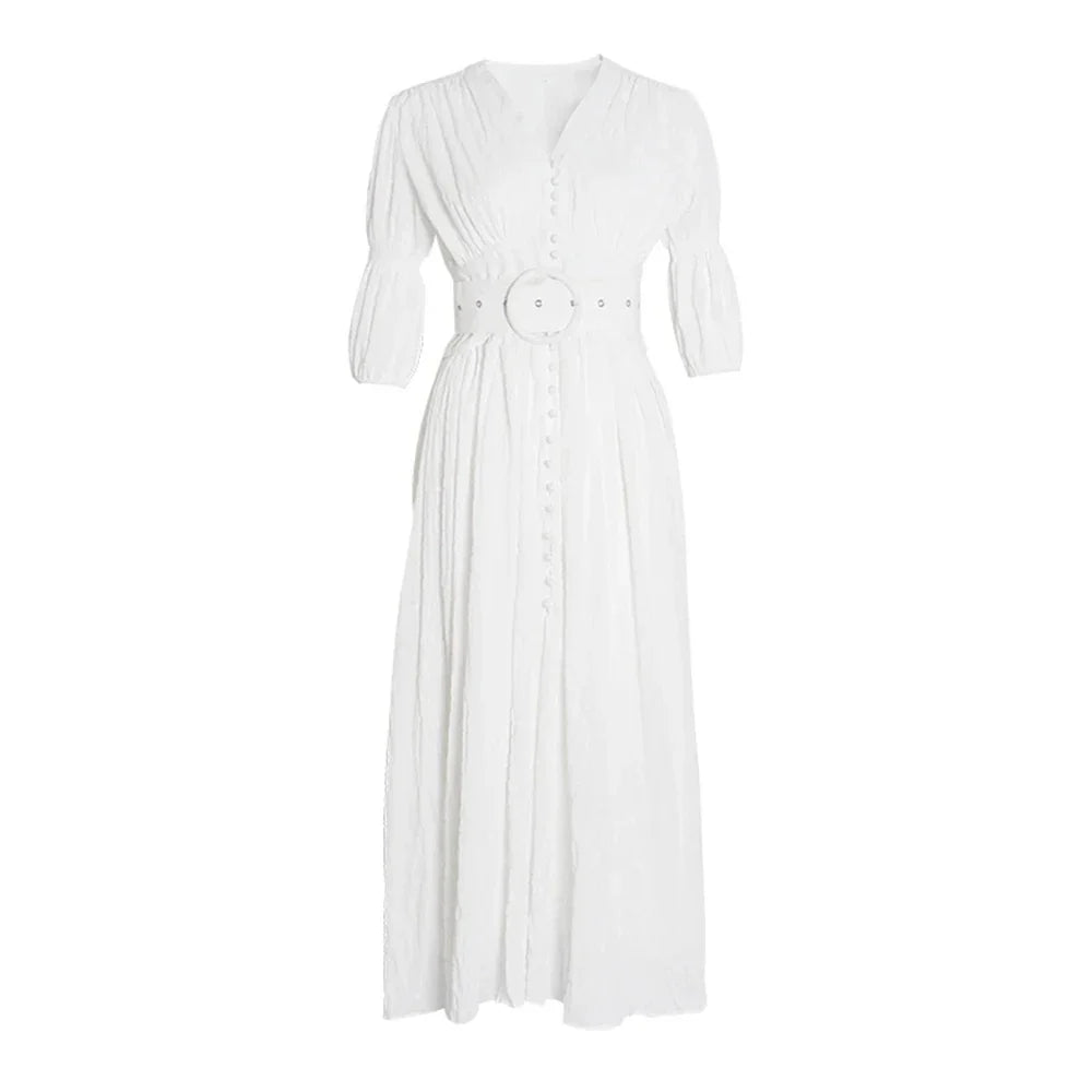 Elegant Slimming V Neck Puff Sleeve Tunic Dress