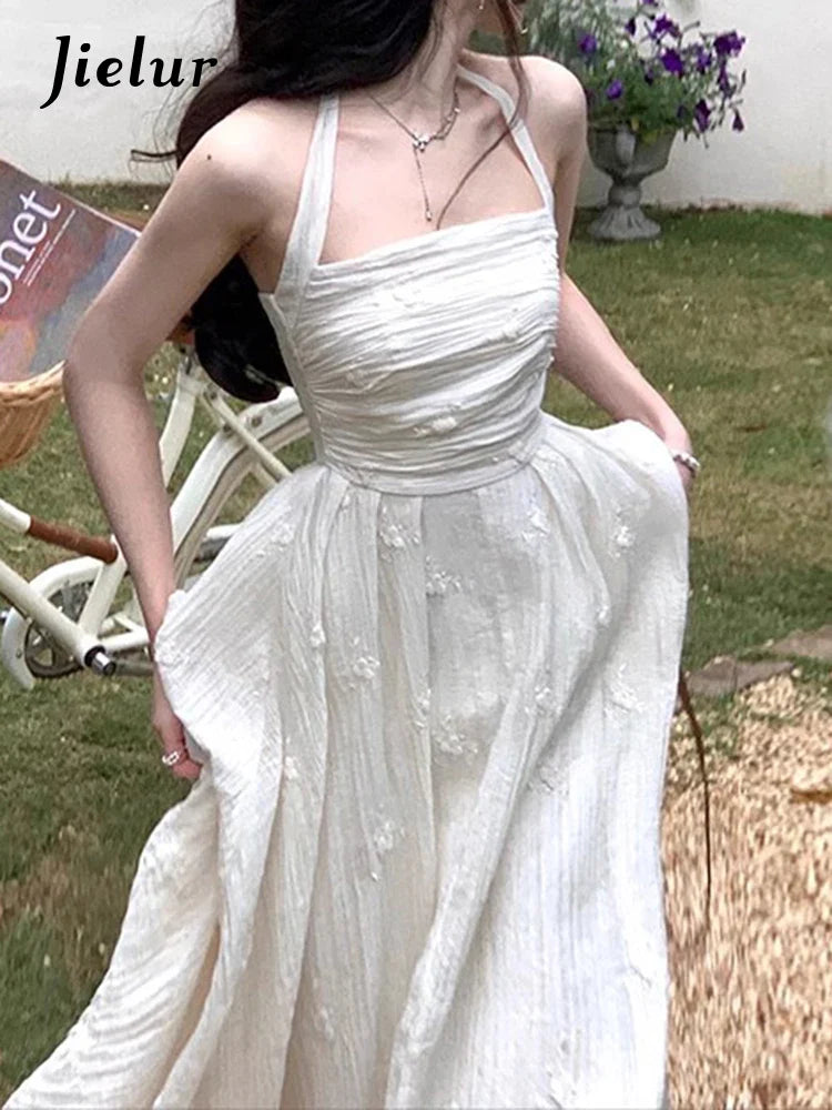Elegant White Pleated Halter Dress for Women