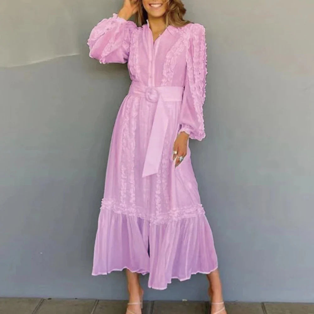 Chic Solid Midi Dress with Stand Collar and Sashes