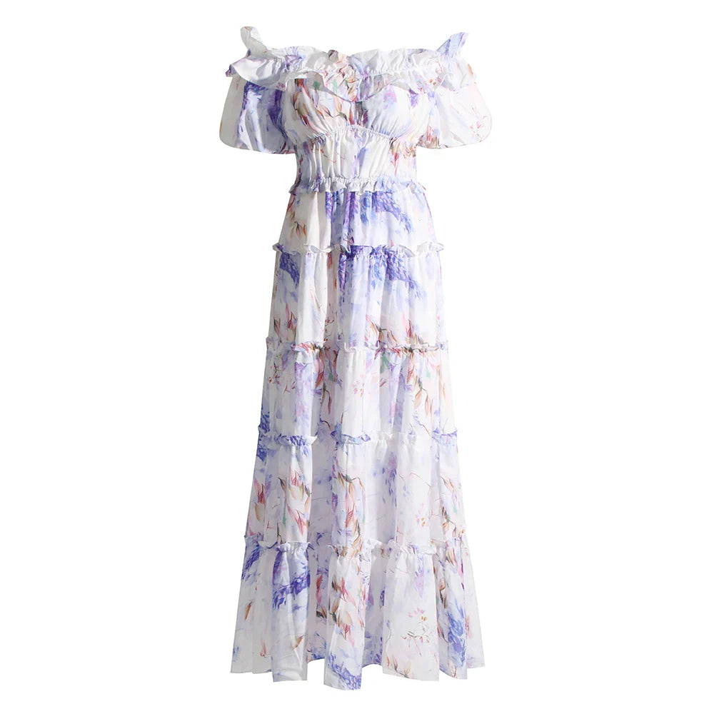 Elegant Off-Shoulder Floral Dress with Ruffled Details