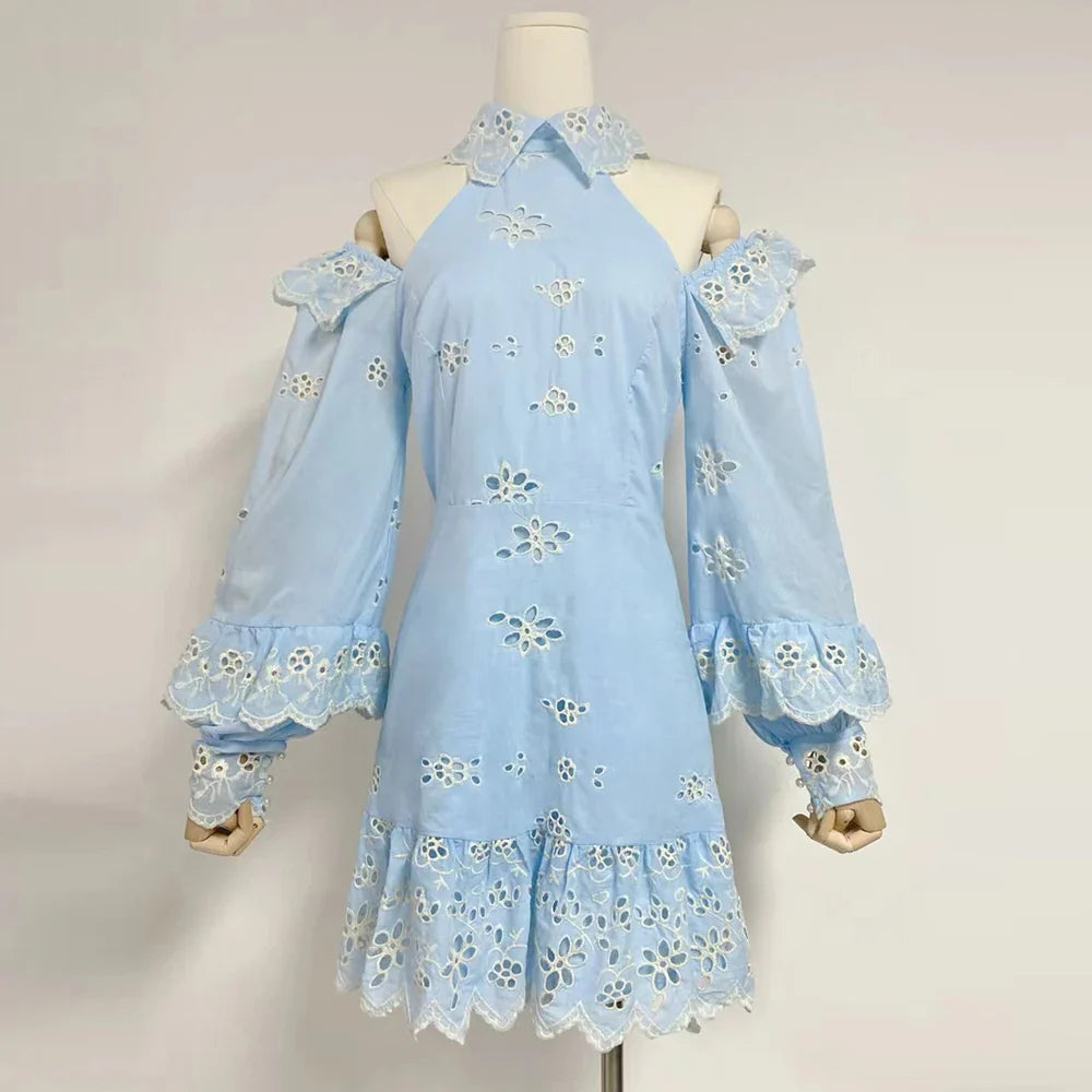 Elegant Hollow Out Mini Dress with Lantern Sleeves
