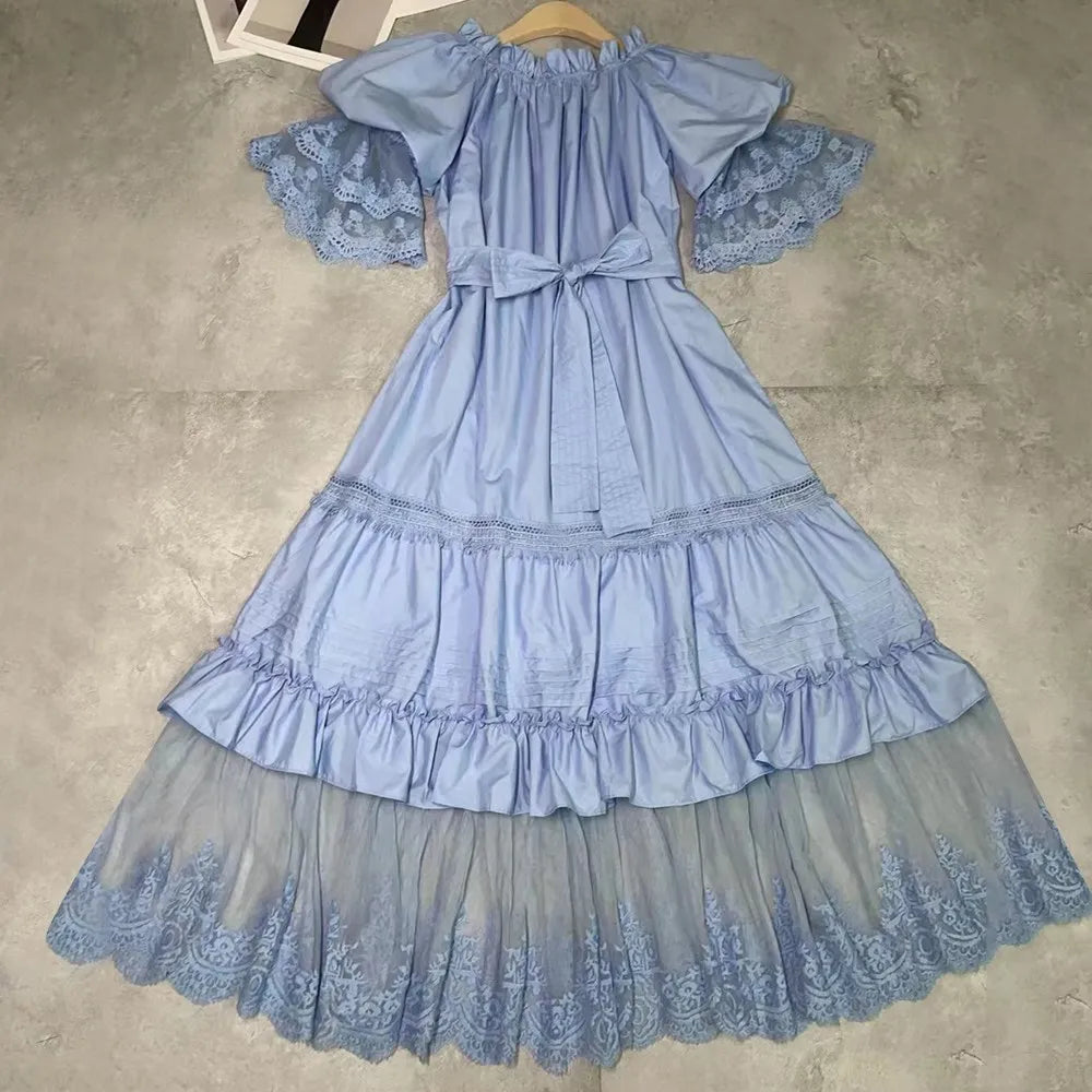 Elegant Lace Spliced Dress with Lantern Sleeves for Women