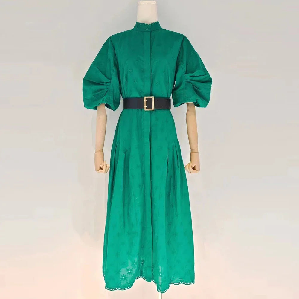 Vintage Patchwork Midi Dress with Puff Sleeves