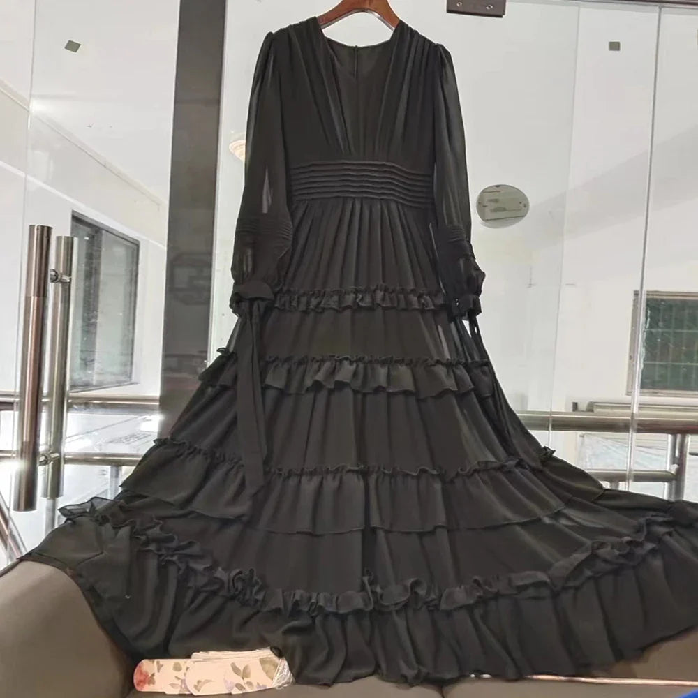 Elegant V Neck Ruffled High Waist Dress for Women