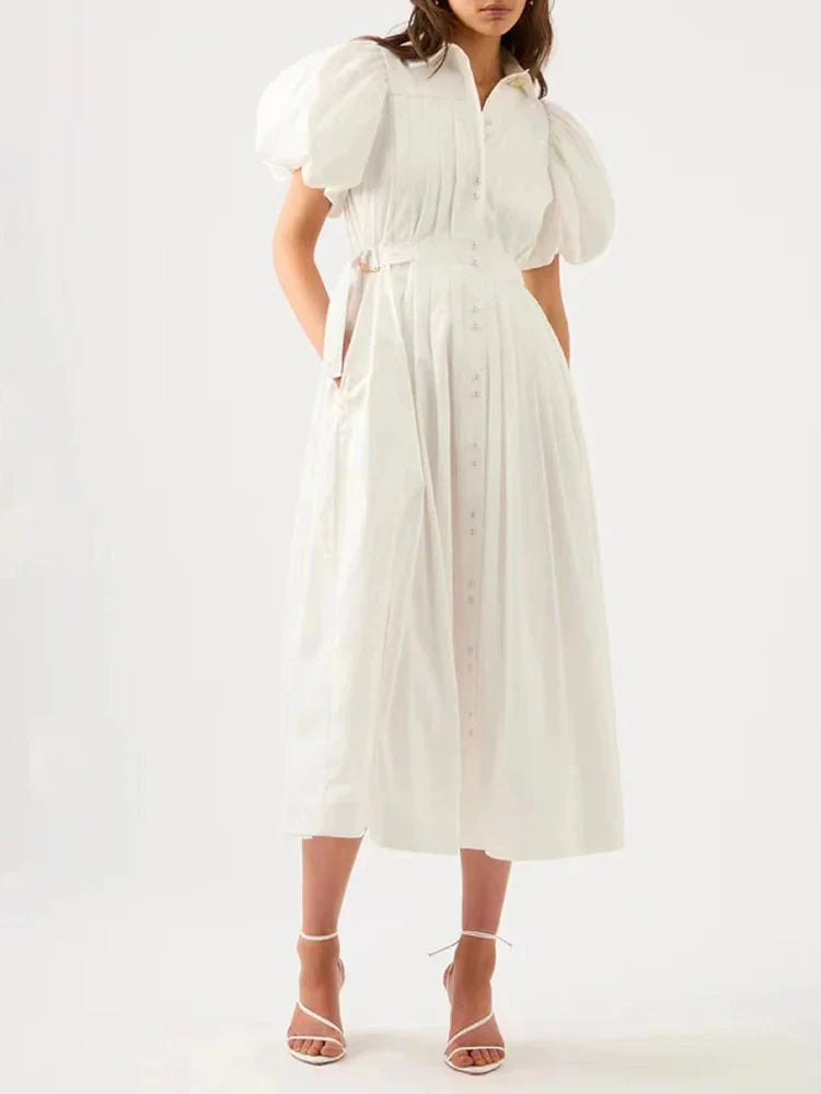 Elegant High Waist Midi Dress with Puff Sleeves