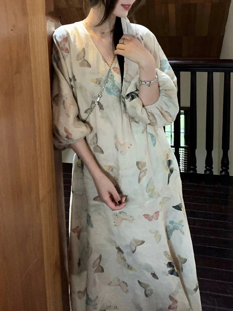 Elegant V-Neck Lantern Sleeve Maxi Dress for Women