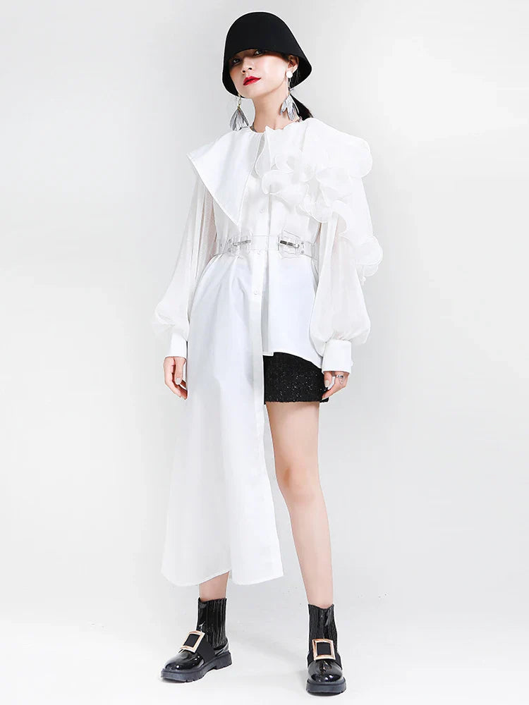 Asymmetrical Lace-Up Dress with Lantern Sleeves for Women