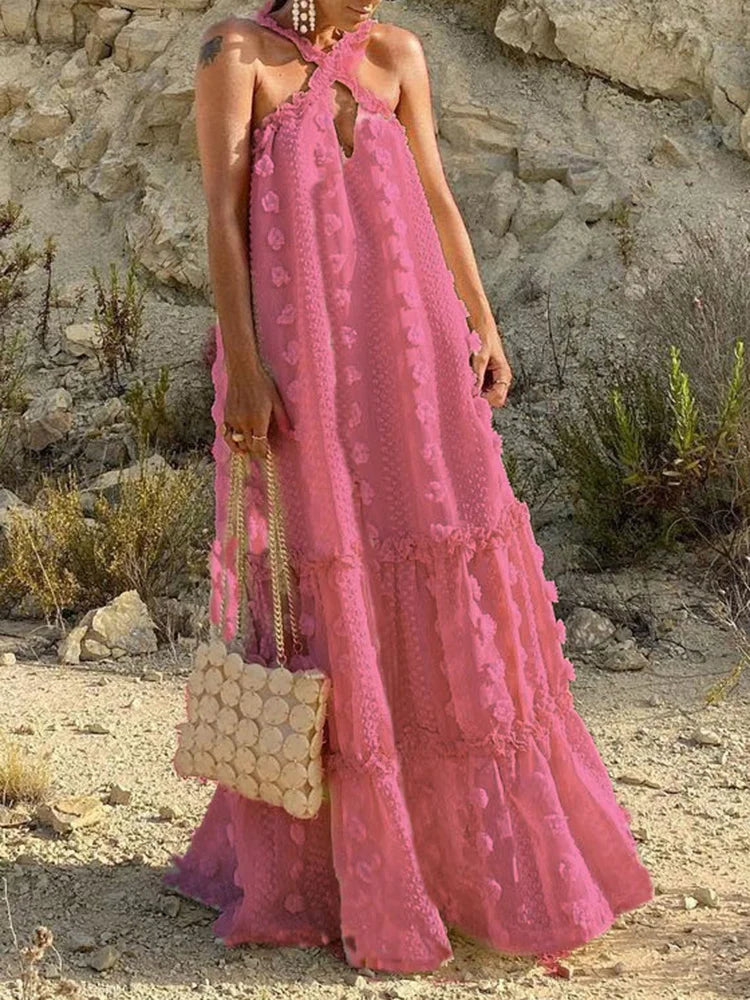 Floral Halter Neck Ruffle Trim Dress for Women