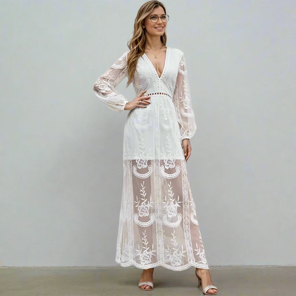 Elegant V-Neck Hollow Out Sheer Long Dress for Women