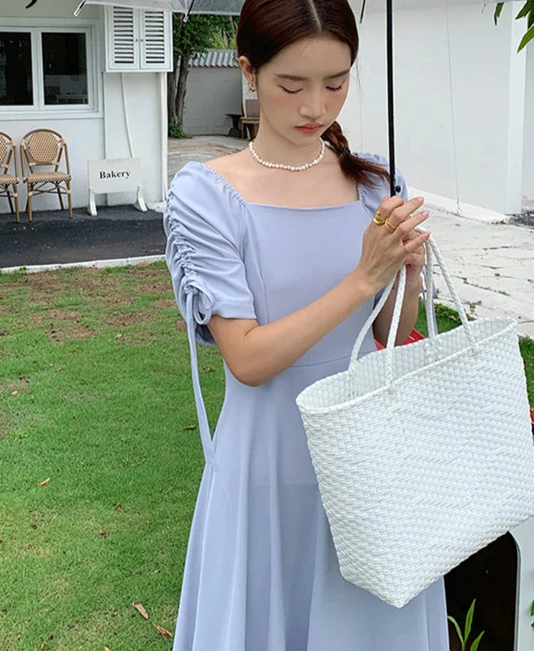Chic French Square Neck Dress with Drawstring Detail