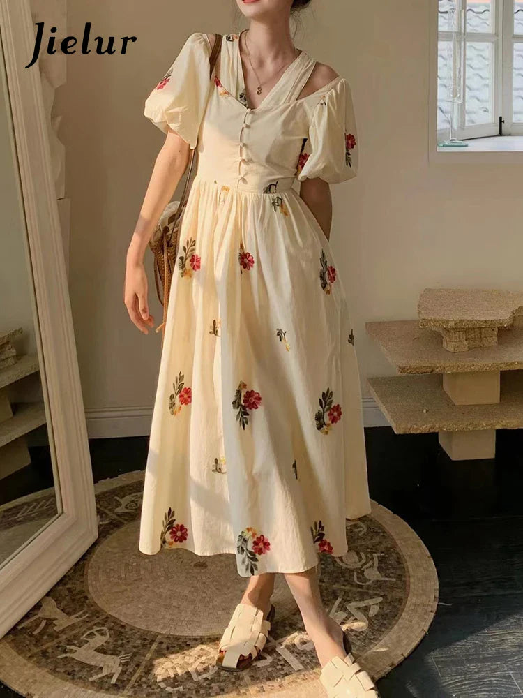 Elegant Korean Style Puff Sleeve Summer Dress