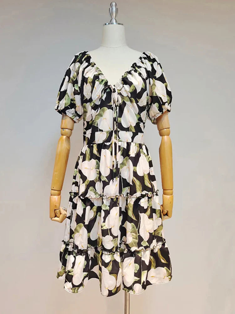 Vintage Floral Midi Dress with Puff Sleeves for Women