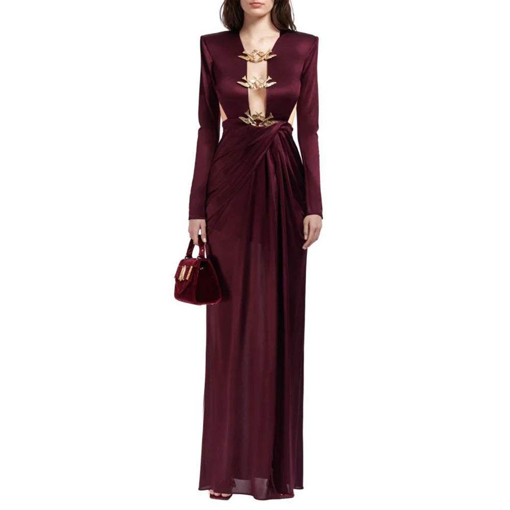 Elegant Deep V Neck Backless Hollow Out Dress for Women
