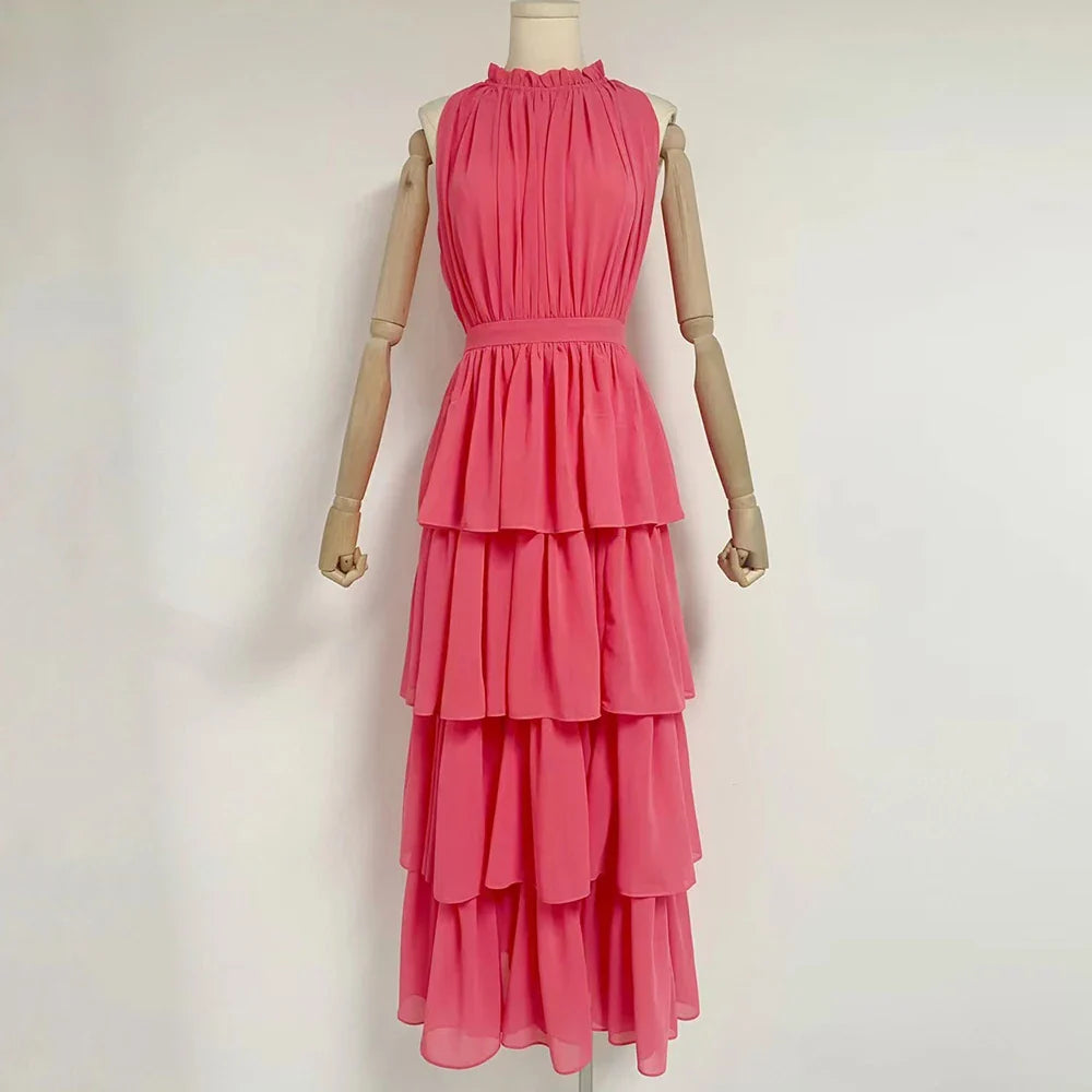 Elegant A-Line Summer Dress with Stand Collar for Women