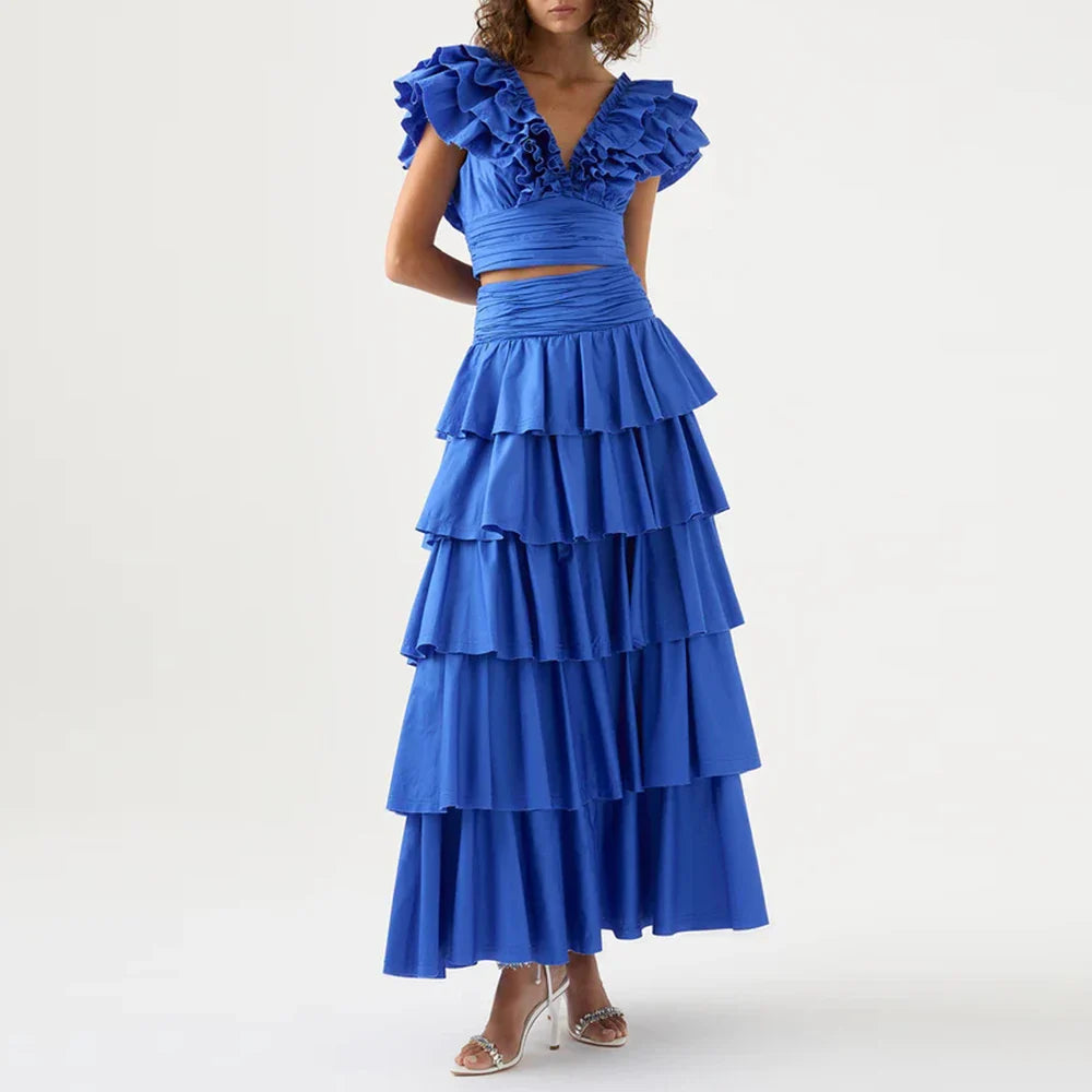 Elegant V-Neck Two-Piece Women's Crop Top and Skirt Set