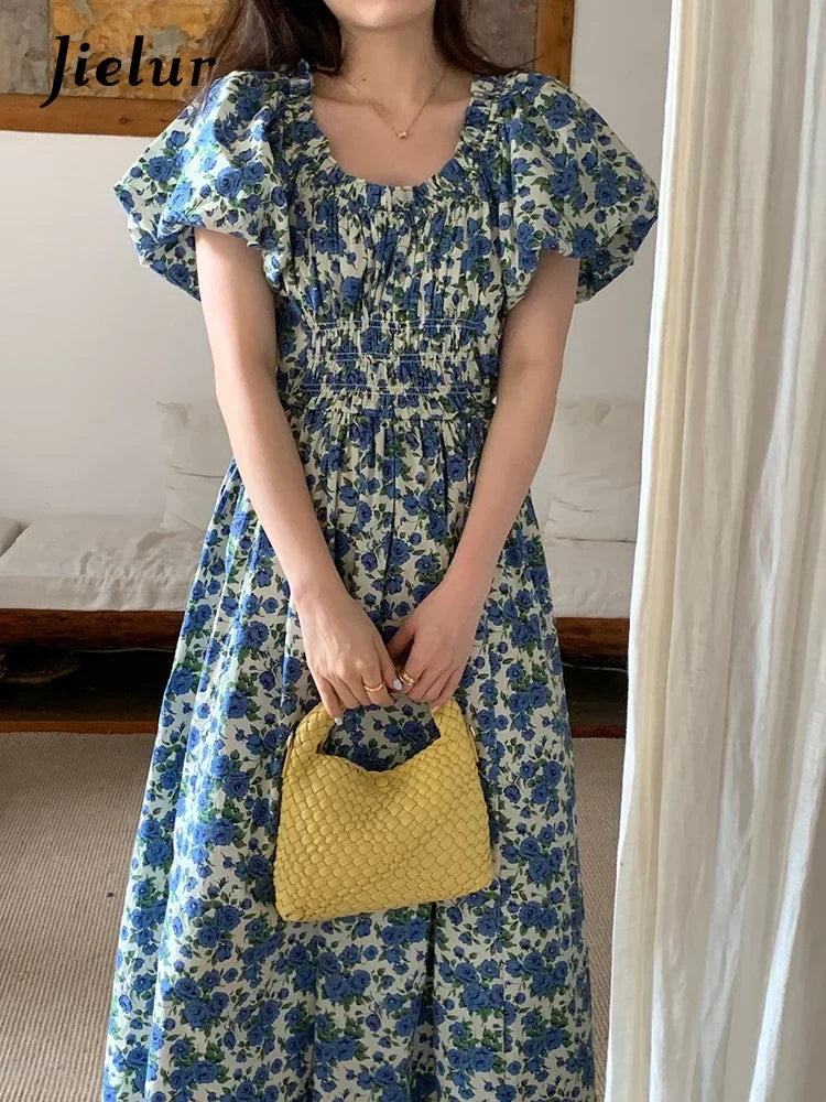Light Blue Puff Sleeve Pleated Dress for Women