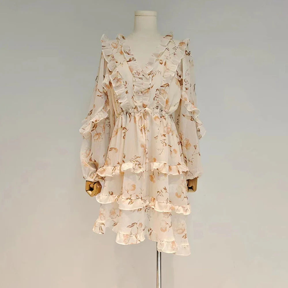 Stylish V-Neck Ruffle Trim Vintage Mini Dress for Women